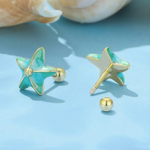 Cute Stud Earrings for Women Dachshund Koi Fish Sea Star Sea Turtle Sea Conch Earrings 14K Gold Plated Dainty Stud Earring funky Jewerly - color: Gold Sea Star