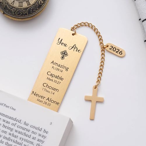 2026 Religious Bible Verses Bookmark with Cross Charm, Faith-Based Gift for Readers, Stainless Steel Christian Affirmation Book Mark, Bible Confirmation Accessories for Him Her, Gold - style: Gold