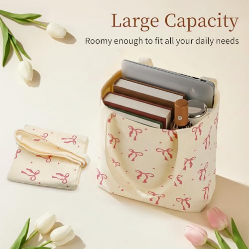 Canvas Tote Bag for Women with Zipper Cute - color: Pink Bow