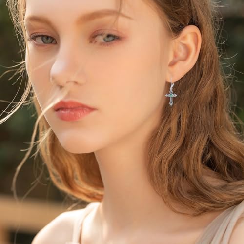 LONAGO Cross Earrings for Women 925 Sterling Silver Vintage Cross with Birthstone Drop Earrings - color: May