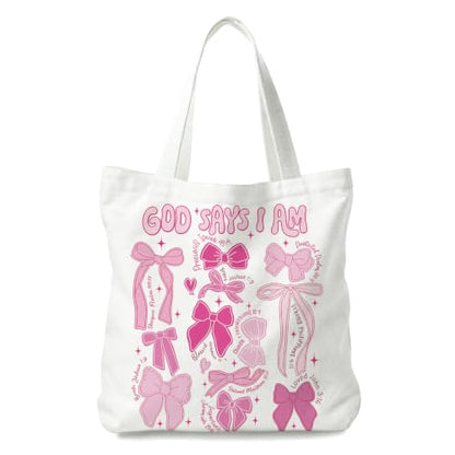 Christian Canvas Tote Bag, Bible Verse Reusable Shopping Bag - color: Pink Bible-4