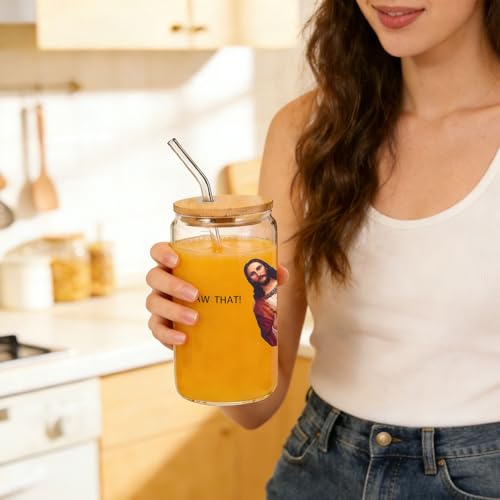 IWXYI I Saw That Glass Cup with Lids and Straws 14oz, Funny Gifts for Women Men Friends, I Saw That Iced Coffee Tea Drinking Glasses with Cleaning Brush - color: Funny