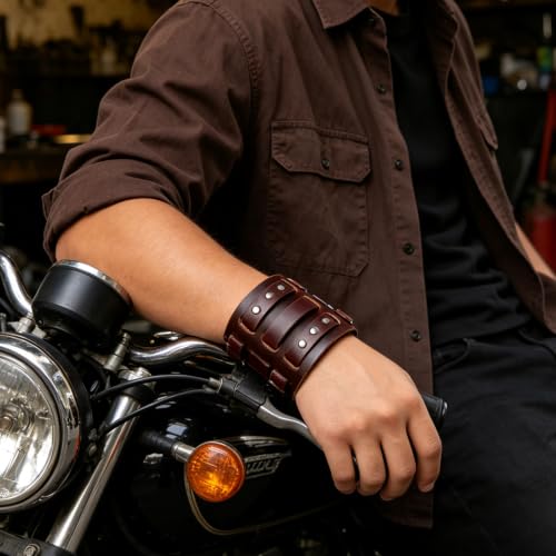 HZMAN Men's Alloy Genuine Leather Bracelet Bangle Cuff Adjustable - color: Brown