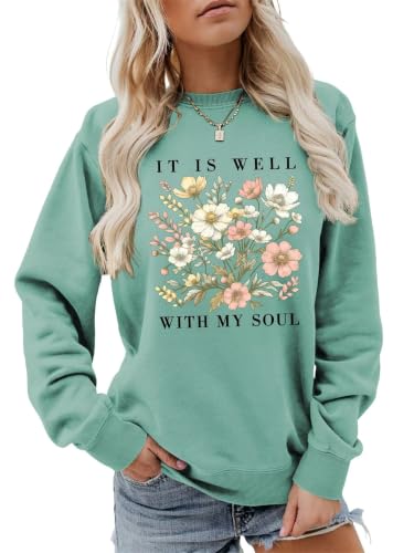 Christian Sweatshirt Women God Faith Crewneck Graphic Long Sleeve Sweater - color: 1-light Green, size: X-Large