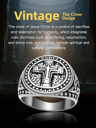 Christian Cross Rings for Men - Stainless Steel Jesus Jewelry with Celtic Knot Sides (Gold/Black/Silver) - Catholic Religious Gift, Size 7-13 - color: D-Silver-Jesus