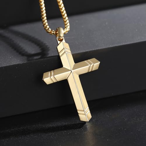 Stainless Steel Cross Necklace for Men with Adjustable Box Chain Christian Cross neckalce Gift - color: Gold-B