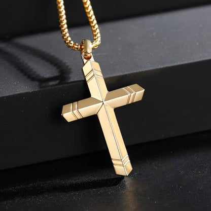Stainless Steel Cross Necklace for Men with Adjustable Box Chain Christian Cross neckalce Gift - color: Gold-B
