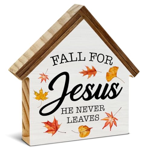 Christian Fall Decor, Fall for Jesus He Never Leaves House Shaped Wood Sign - color: Jesu-1