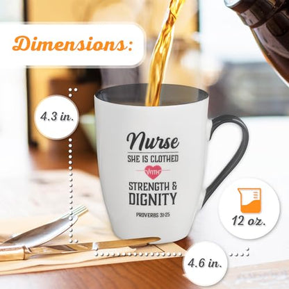 Christian Art Gifts Inspirational Ceramic Coffee & Tea Scripture Mug for Women Nurses: Strength & Dignity Encouraging Proverb, Microwave/Dishwasher Safe Novelty Cup, Cute Heart, White & Black, 12 oz. - color: White & Black/Strength & Dignity Nurse, size:
