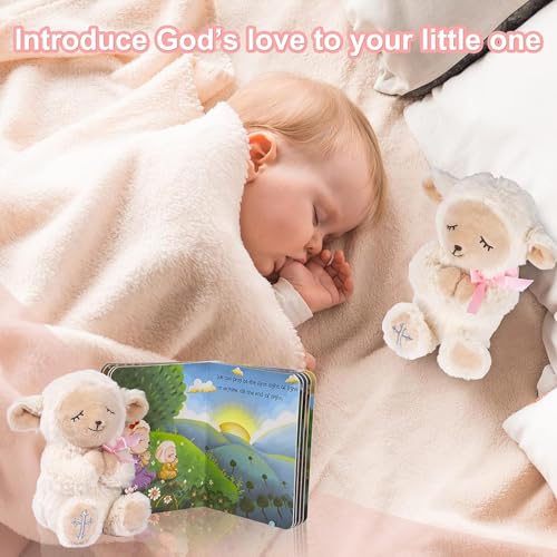 MyMateZoe Baptism Gifts for Girl, Great Christening, Dedication and Baptism Gift Set for Girl and Newborn Baby, Includes 7" Praying Lamb Plush Toy and Let Us Pray Baby Book in Keepsake Gift Box - color: Pink-lamb