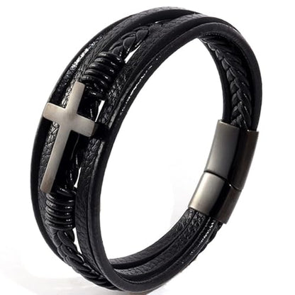 Stainless Steel Braided Leather Bracelet for Men Cuff Bangle Cross - color: 1-black