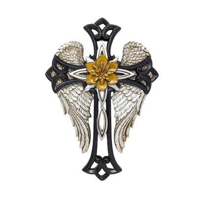 Angel Wings Cross with Flower - Decorative Resin Wall Cross Crucifix Plaque