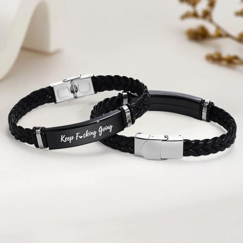 Leather Bracelet Sobriety Gifts for Men : Inspirational Quote/Bible Verse Engraved Braided Black Mens Bracelet for Him, Customized Religious Christian Gift Jewelry for Son/Dad/Boys/Boyfriend/Husband - style: 09:Keep Fuc Going