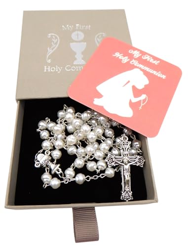Westmon Works Girl's First Communion Rosary Glass Beads Metal Chalice and Crucifix with Holy Card Deluxe Boxed Gift Set