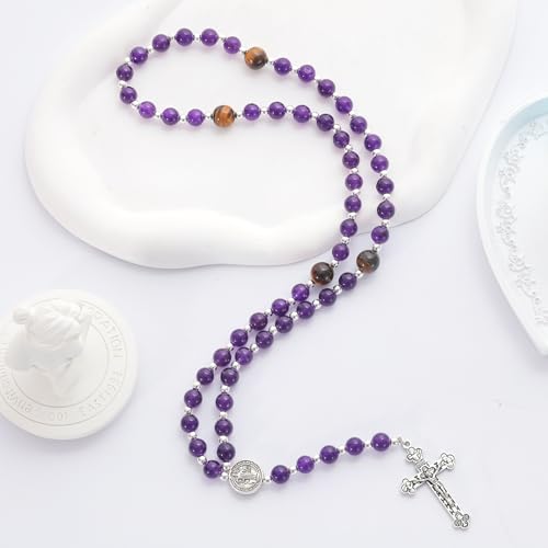 Rosary for Men Women, Natural Stone Beads with St. Benedict Bracelet - color: Purple