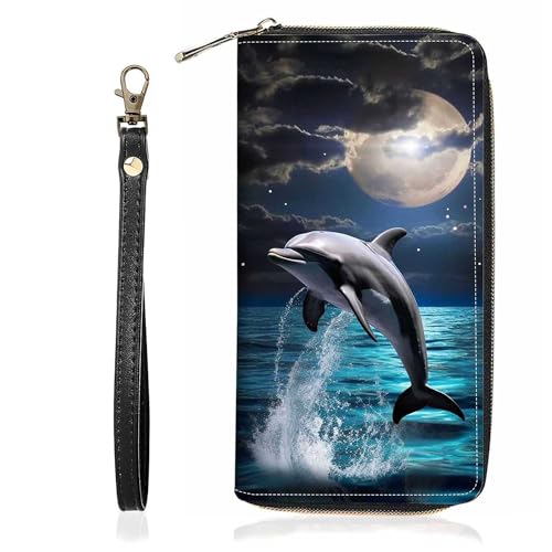 Dolphin Under The Moon Print Wallet for Women Large Capacity Wallet Credit Card Holder PU Leather Zipper Clutch Purse Phone Wallet - color: Dolphin Under The Moon