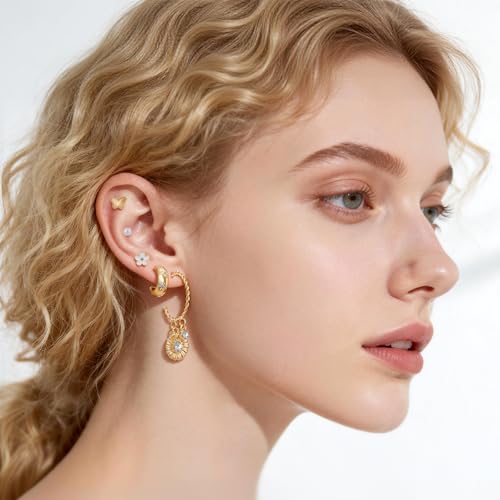 Gold Earrings Set for Women 14K Gold Plated Cubic Zirconia Love Heart Bowknot Clover Fruit Flower Insect Ocean Cross Huggie Hoop Earrings Stud Earrings Set for Multiple Piercing Party Jewelry Gifts - style: Flower Butterfly