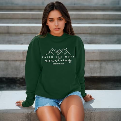 Pairxily Christian Sweatshirts for Women Faith Can Move Mountains Sweatshirt Bible Verse Religious Long Sleeve Crewneck Tops - color: Green, size: X-Large