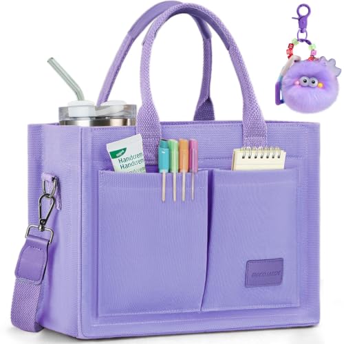 BECOJADDE Structured Canvas Tote Bag for Women, Multi-Compartment Zippered Purse for Work Bible Travel - color: Purple, size: Medium