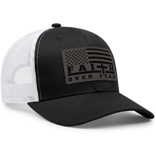 Faith Over Fear Christian Hats for Men Women, American Flag Trucker Hat, Religious Gifts for Thanksgiving Christmas - color: Black/White