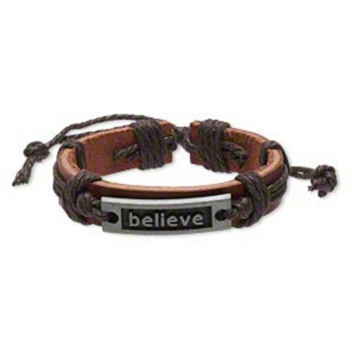 Leather and Jute Bracelet with Stainless Steel Centerpiece "Believe"