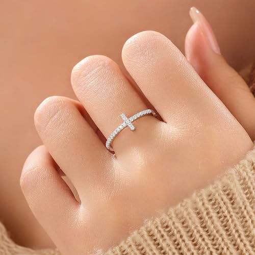 925 Sterling Silver Cubic Zirconia Heart Cross Rings for Women - color: Silver