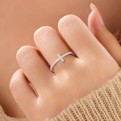 925 Sterling Silver Cubic Zirconia Heart Cross Rings for Women - color: Silver