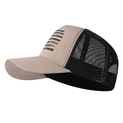Baseball Cap, American Flag Trucker Hat for Men Women, Breathable Adjustable Fit Outdoor Mesh Snapback Hats - color: Khaki/Black Flag