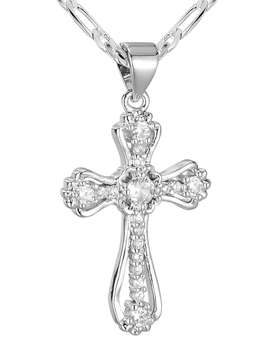14K Gold Plated Cross Necklace for Women, Cubic Zirconia Copper Cross Pendant, Valentine Mother's Day Gifts for Her with Jewelry Box Figaro Link Chain, Alloy Infinity CZ Diamond Bridal Wedding - color: Silver
