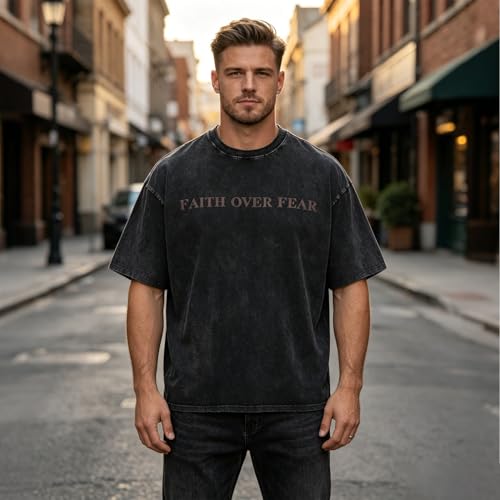 Faith Over Fear Christian Shirt for Men Women Jesus Religious Oversized Graphic Tees Acid Wash Inspirational T‑Shirt - color: Army Green, size: XX-Large