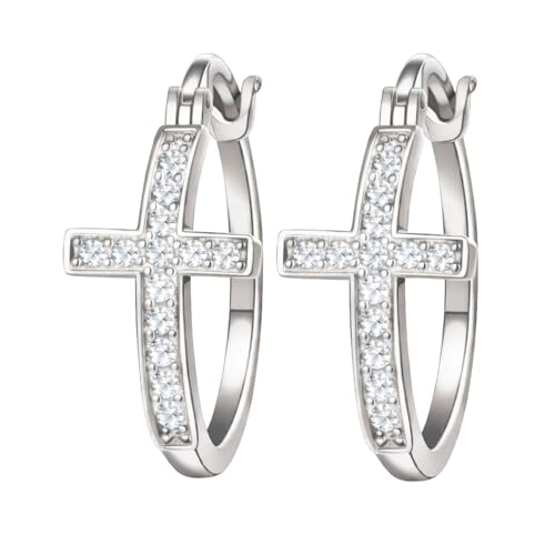 Cross Hoop Earrings for Women by Ginger Lyne – 20 or 30mm 14KT Gold Plated with Clear Cubic Zirconia – Jesus Religious Christian Jewelry for Church or All Occasion Wear - color: Silver Tone-30mm