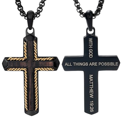 Wooden Cross Necklace for Men With Stainless steel And Black Ebony Adjustable Box Chain 24–26 inches Suitable for Everyday Wear And Christian Gifts for Men - color: Black-N