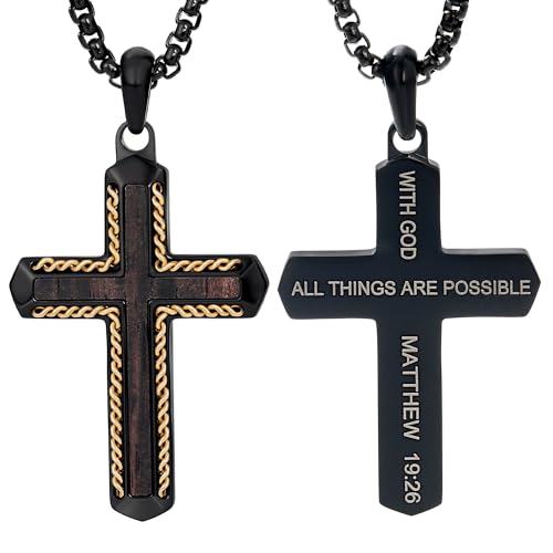 Wooden Cross Necklace for Men With Stainless steel And Black Ebony Adjustable Box Chain 24–26 inches Suitable for Everyday Wear And Christian Gifts for Men - color: Black-N