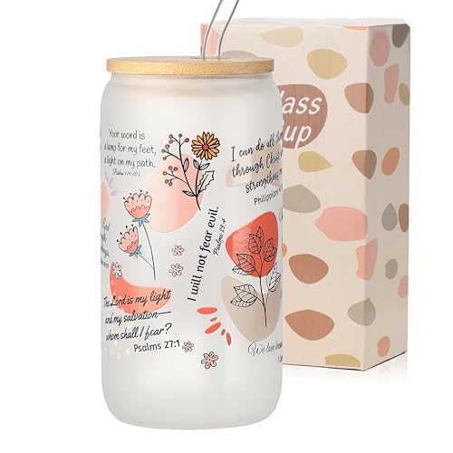 Christian Mugs for Women, 16oz Inspirational Bible Verse Glass Tumbler with Straw and Lid, Christian Coffee Cups, Religious Birthday Gift (Frosted Glass) - color: Bible Verse-2