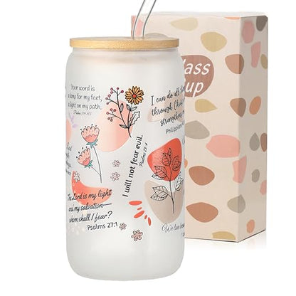 Christian Mugs for Women, 16oz Inspirational Bible Verse Glass Tumbler with Straw and Lid, Christian Coffee Cups, Religious Birthday Gift (Frosted Glass) - color: Bible Verse-2