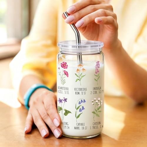 Wildflower Gifts for Christian Women 16 oz Glass Cups with Lids and Straws, Inspirational Scripture Coffee Cup Tumbler for Friends, Mothersday Baptism Birthday Religious Graduation Gifts for Mom Teens