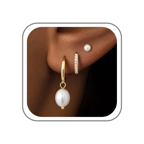 Turandoss Gold Earrings Stack for Women Teen Girls, 14K Gold Plated - color: Pearl Earring（Gold）