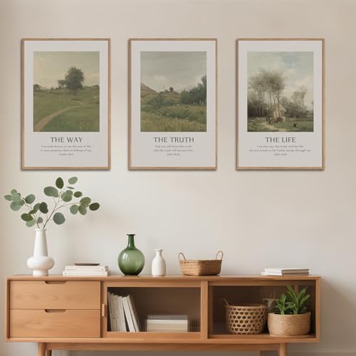 SIKERIC Vintage Christian Bible Verse Wall Art Set of 3, The Way The Truth The Life Framed Canvas Art Painting, Scripture Jesus Art Prints, Modern Village Decoration for Living Room, Church-16x24 - color: Bible Verse, size: 16"L x 24"W