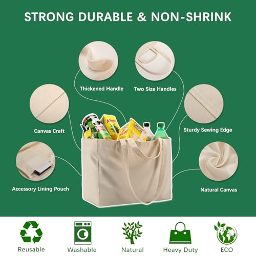 OKBA 5PCS Reusable Grocery Bags with Long Shoulder Straps and Short Handles,Inside Pocket.Large Canvas Shopping Bag
