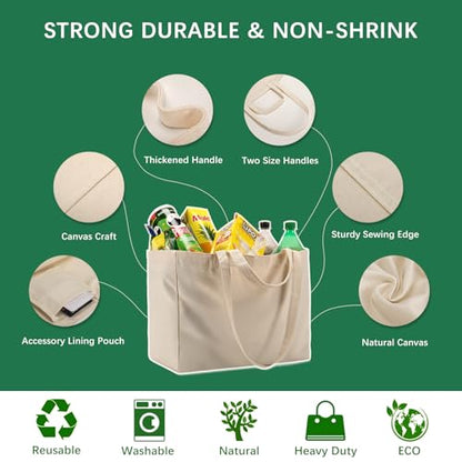 OKBA 5PCS Reusable Grocery Bags with Long Shoulder Straps and Short Handles,Inside Pocket.Large Canvas Shopping Bag
