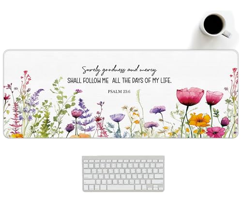 Flroal Christian Desk Mat, Bible Verses Large Mouse Pad 31.5x11.8 - color: Christian Surely Goodness and Mercy, size: 31.5L x 11.8W inches