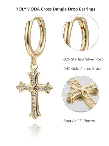 Small Cross 925 Sterling Silver Dangle Drop Earrings for Women Men - color: Gold