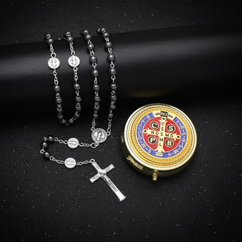 KOMI 6mm Glass Pearl Rosary Beads Catholic for Women with Metal Rosary Box Religious Gifts - style: St Benedict-hematite