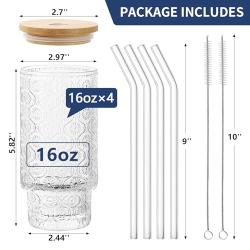 16 Oz Glass Cups Set of 4, Vintage Embossed Floral Glass Tumbler, Iced Coffee Cups with Lid, for Whiskey Cocktail Beer (4 PACK) - color: Floral--16 Oz--4 Pack