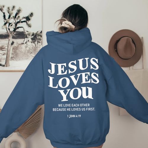 Sulayesh Christian Jesus Loves You Hoodies Women Religious Faith God Jesus Is King Sweatshirts Bible Verse Inspirational Tops - color: Deep Blue, size: Medium