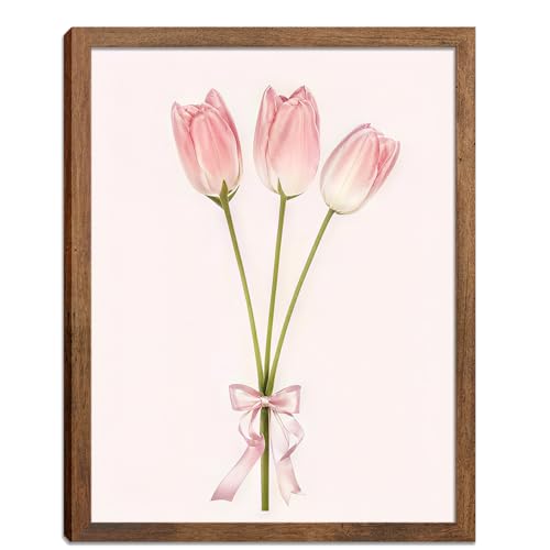 SEHSUVC Pink Bow Tulips Bouquet Boho Wall Art, Wood Framed Coquette Preppy Flowers Canvas Wall Decor, Aesthetic Cute Girls Room Decor Gifts for Girls Dorm Bedroom Living Room Home Decor 8x10inch - color: Pink Bow Tulip - 3