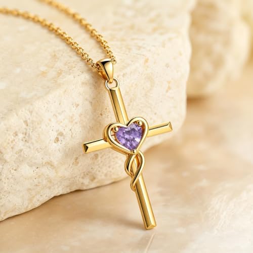 Birthstone Cross Necklace for Women 14K Gold Plated Heart Infinity Cross Pendant Necklace Christian Religious Jewelry Anniversary Birthday Gifts for Wife Mom Her - color: June/Lavender