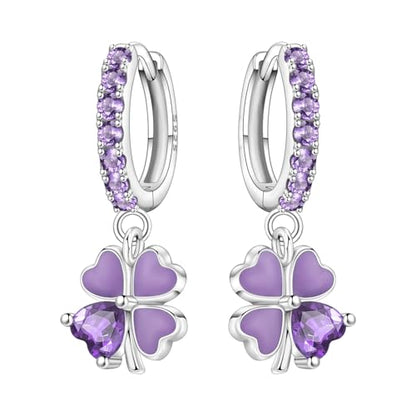 925 Sterling Silver Drop & Dangle Earrings for Women,Butterfly Dragonfly and Bee|Flower and leaf Earrings, Suitable for Sensitive Ears Fashion Jewelry Gift- Hypoallergenic Earrings - color: Purple Clover