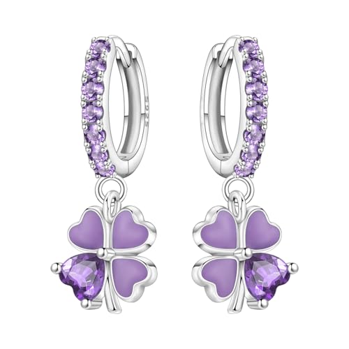925 Sterling Silver Drop & Dangle Earrings for Women,Butterfly Dragonfly and Bee|Flower and leaf Earrings, Suitable for Sensitive Ears Fashion Jewelry Gift- Hypoallergenic Earrings - color: Purple Clover
