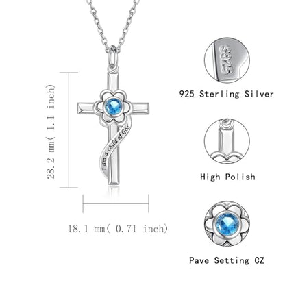 I am a Child of God Necklace - 925 Sterling Silver Birthstone Flower Cross Pendant Religious Jewelry Baptism First Communion Confirmation Gifts for Girls - style: Mar.